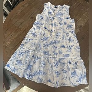 Blue and White Ocean Floral Midi Flowy Linen Blend Dress Coastal Resortwear